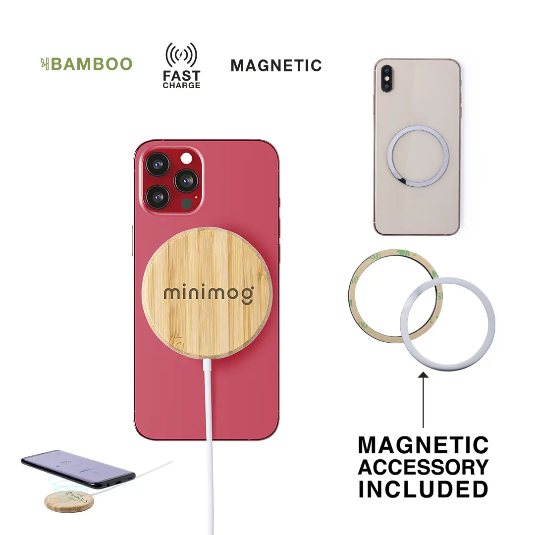cargador inalámbrico magnético de bambú «minimog» acoplado a un smartphone con anillo magnético incluido