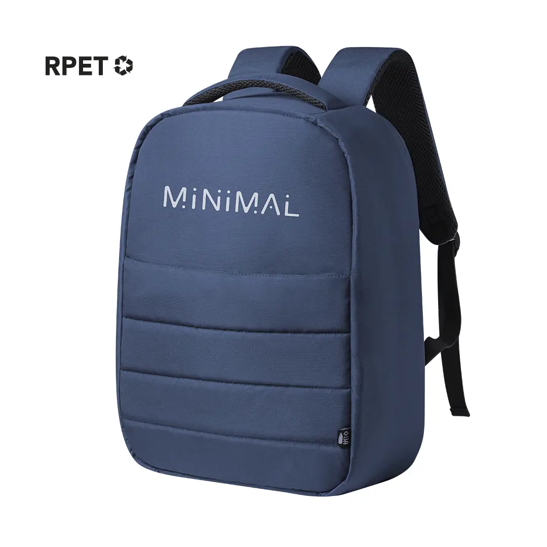 mochila azul de tejido RPET reciclado con diseño minimalista y tirantes acolchados