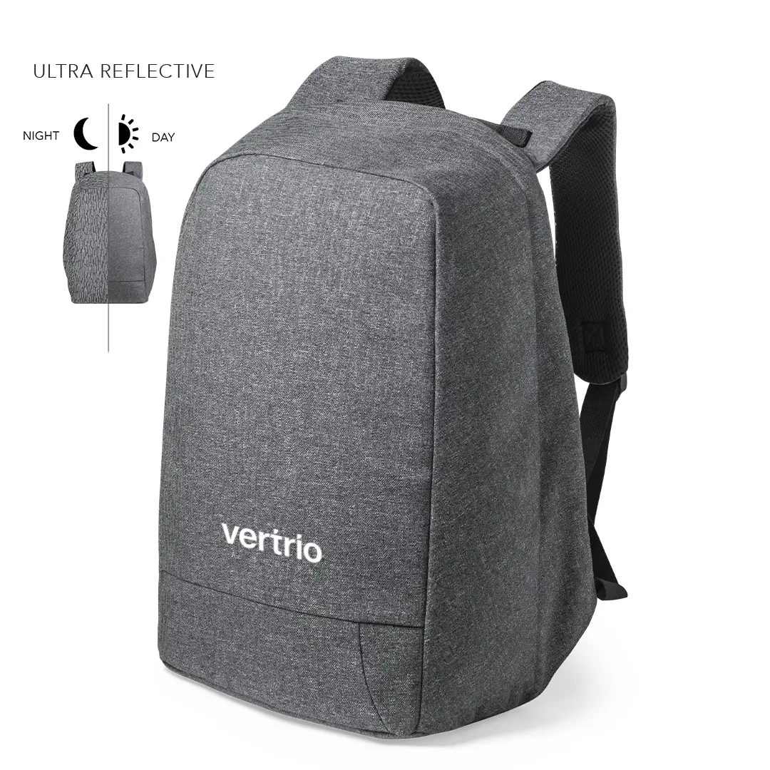 Mochila antirrobo gris con logo Vertrio y paneles reflectantes delanteros y laterales