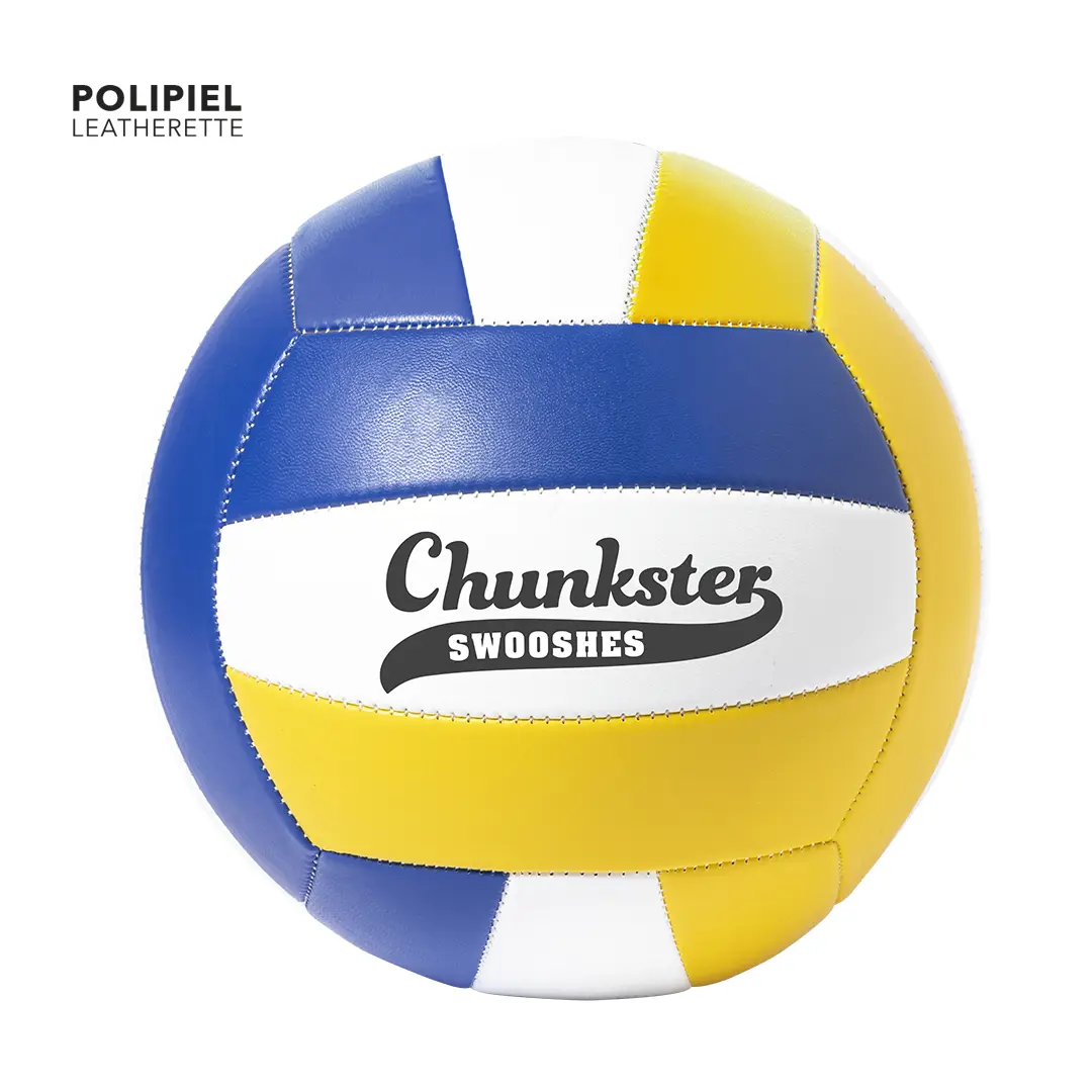 Balón de voleibol bicolor (azul y amarillo) con paneles blancos y logo Chunkster Swooshes sobre fondo blanco.