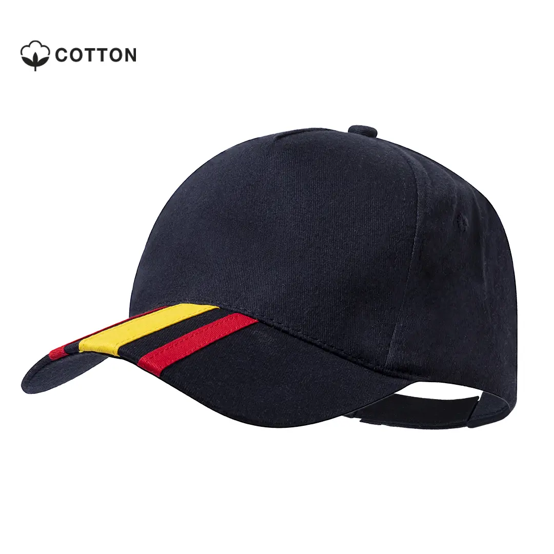 Gorra negra de algodón con franjas roja y amarilla en la visera