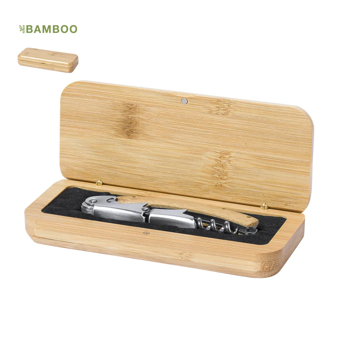 Sacacorchos de camarero con mango de bambú presentado en estuche de bambú.