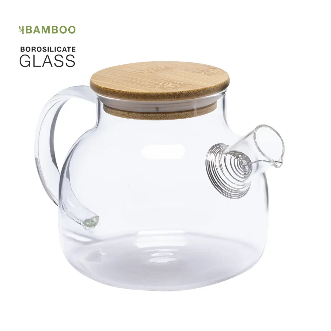Tetera transparente de vidrio borosilicato con tapa de bambú y filtro de espiral metálico en el pico.