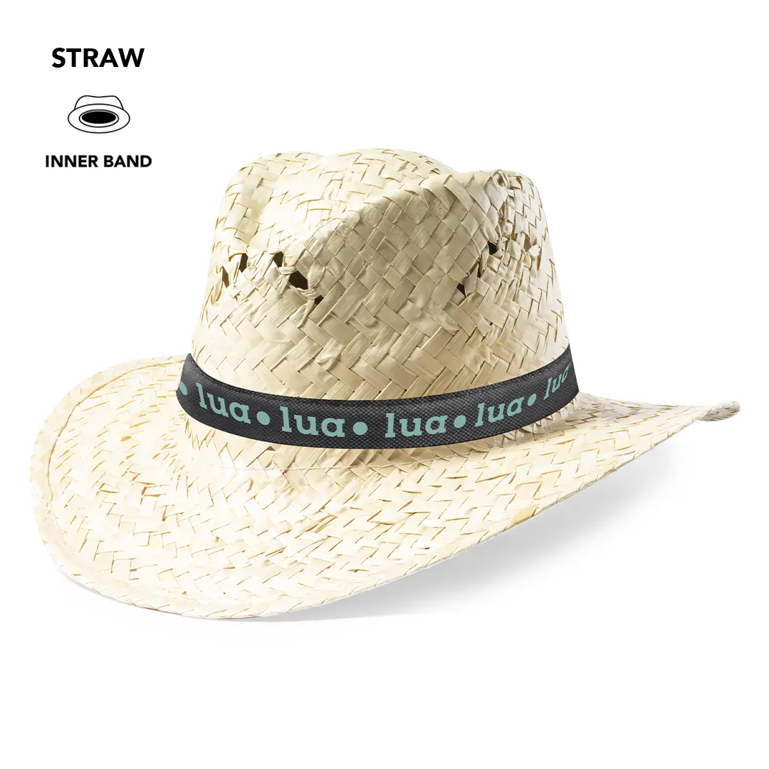 Sombrero estilo cowboy de paja trenzada con cinta negra rotulada lua