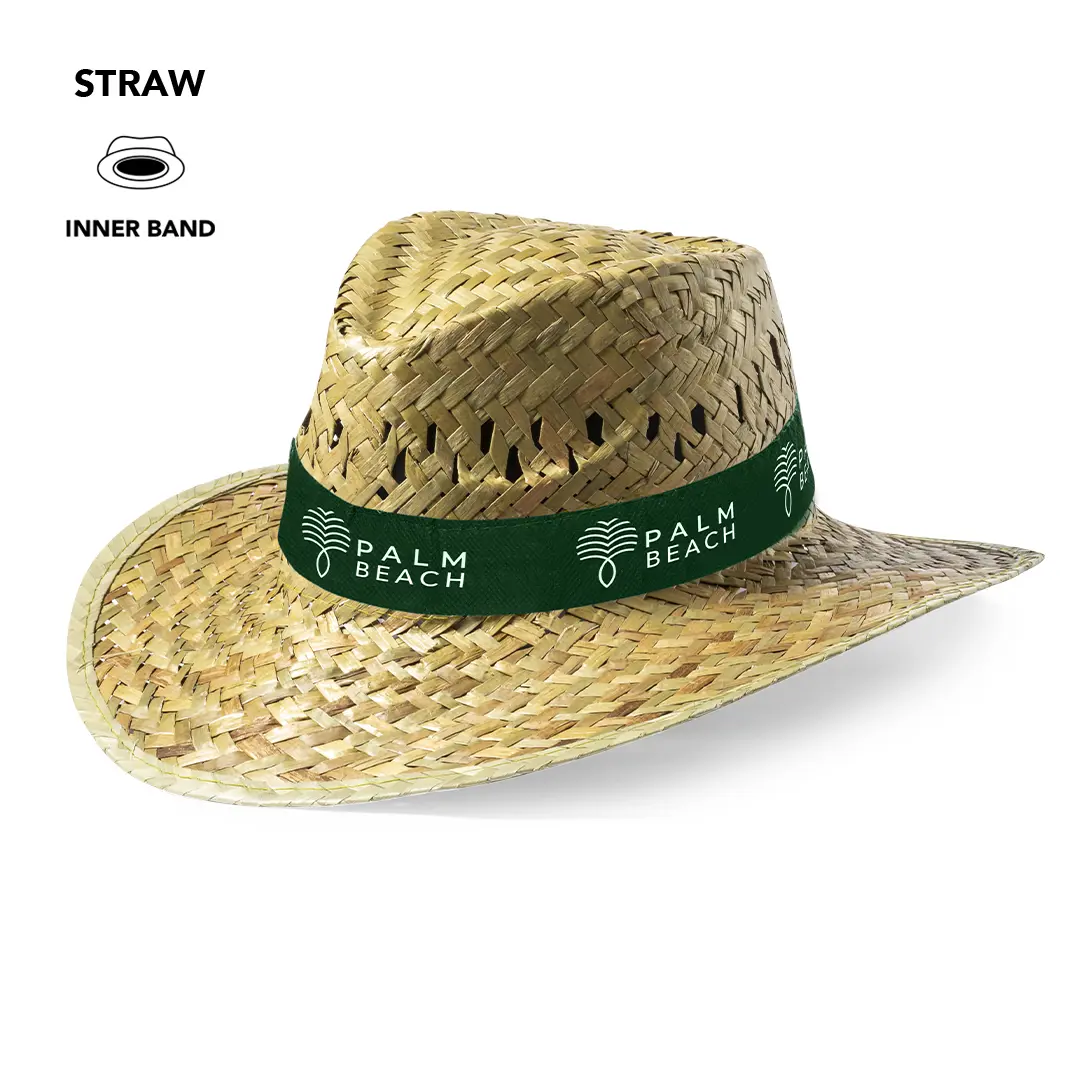 Sombrero de paja con cinta verde y logotipo de Palm Beach