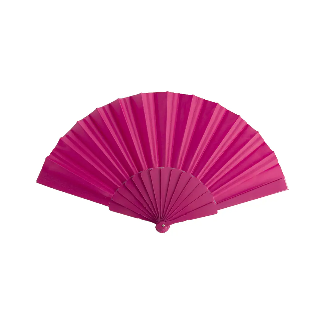 abanico plegable de tela fucsia abierto sobre fondo blanco