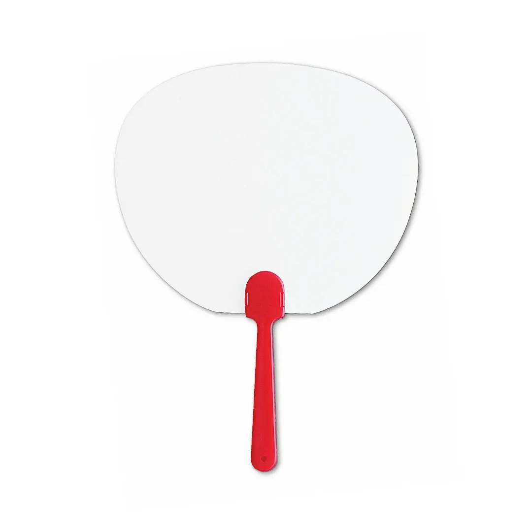 abanico de mano de plástico blanco con mango rojo sobre fondo blanco