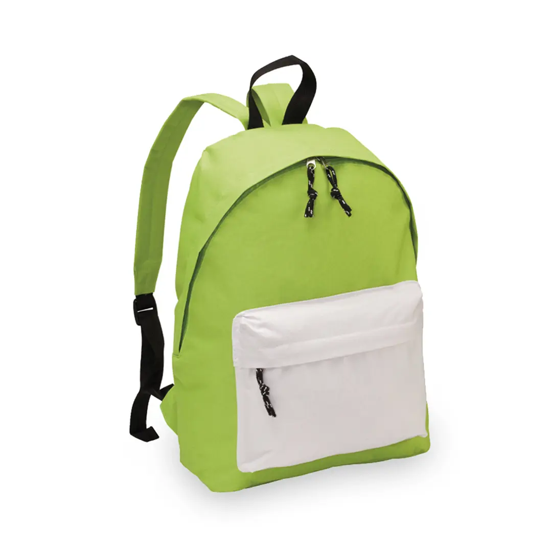 mochila de tela verde con bolsillo frontal blanco y cremalleras negras