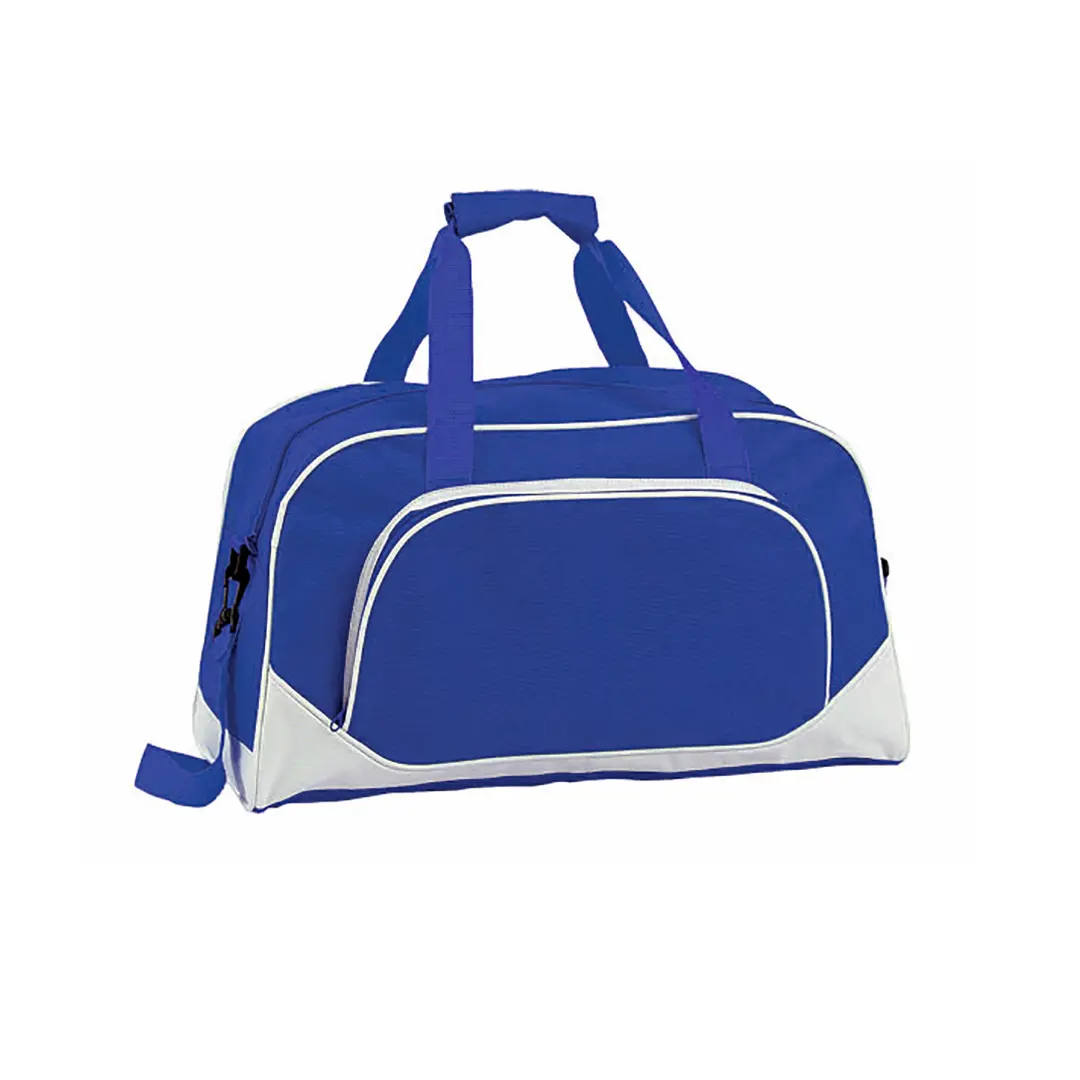 bolsa de deporte azul con detalles blancos y bolsillo delantero con cremallera