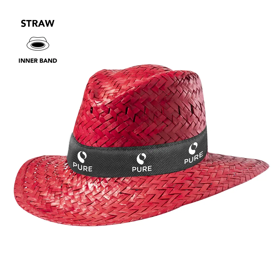 Sombrero de paja rojo con ala ancha y cinta interior negra con logo Pure