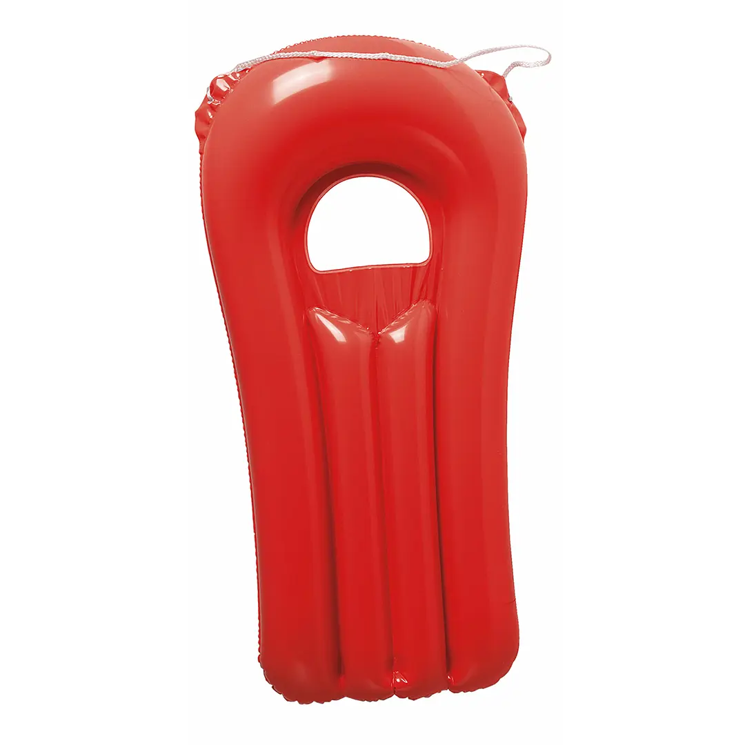 colchoneta hinchable roja para piscina con reposacabezas y cuerda de agarre