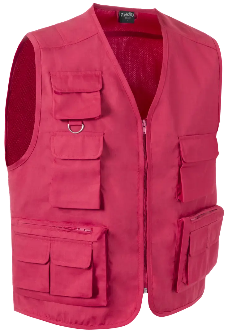 chaleco de trabajo rojo con múltiples bolsillos frontales y cierre de cremallera