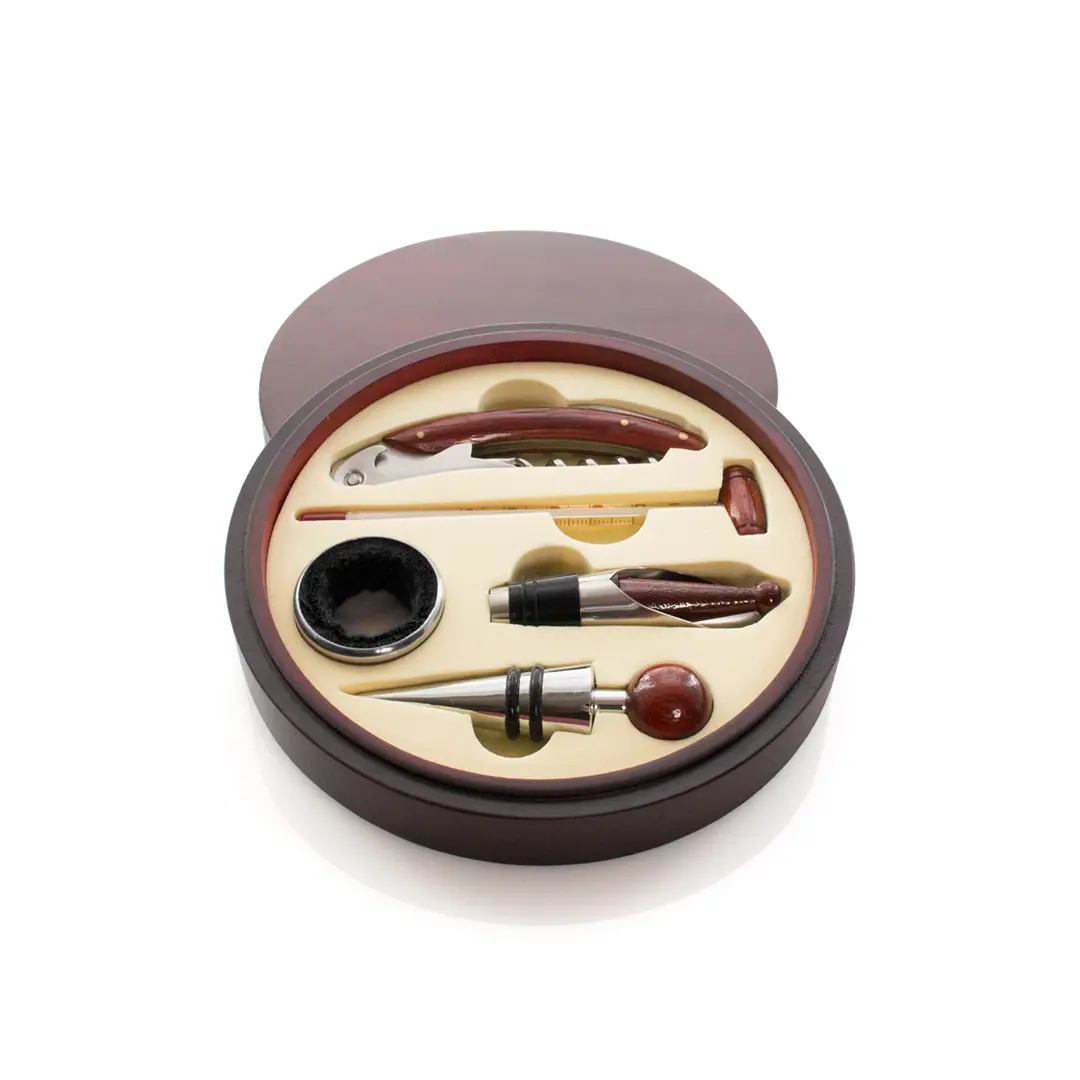 set de accesorios para vino en estuche redondo de madera con sacacorchos, termómetro, tapón y vertedor