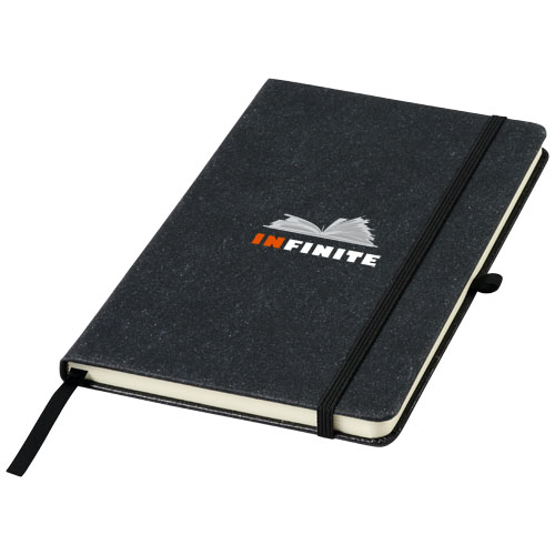 Cuaderno de tapa dura negro con banda elástica y logotipo Infinite