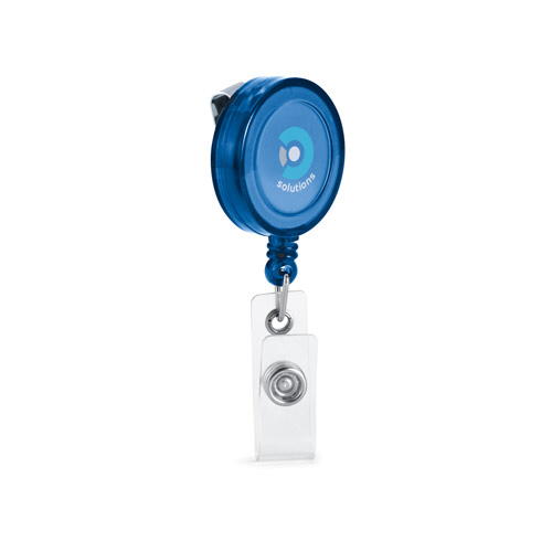 carrete retráctil azul con clip para gafete y logotipo solutions