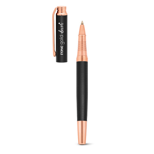 bolígrafo metálico negro con detalles en rosa dorado y capuchón con inscripción rose gold decor