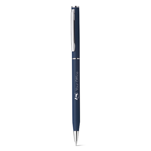 bolígrafo azul con clip plateado y logo de Your Office