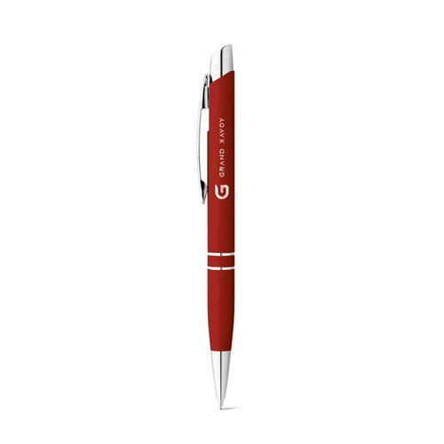 Bolígrafo retráctil rojo con clip y detalles plateados y logotipo Grand Xavoy