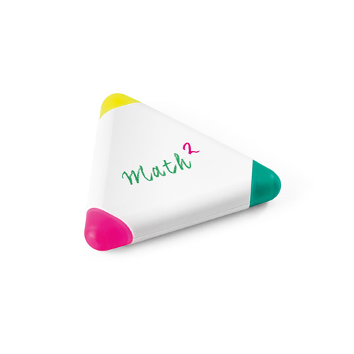 Rotulador triangular blanco con puntas amarilla, verde y rosa y la inscripción Math² en el centro.