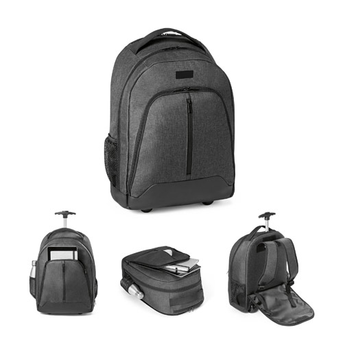 Mochila trolley gris con ruedas y asa extensible, presentada desde varios ángulos con compartimentos abiertos mostrando su interior y bolsillos.