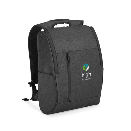 Mochila de tejido gris con logotipo high technology y bolsillo frontal vertical.