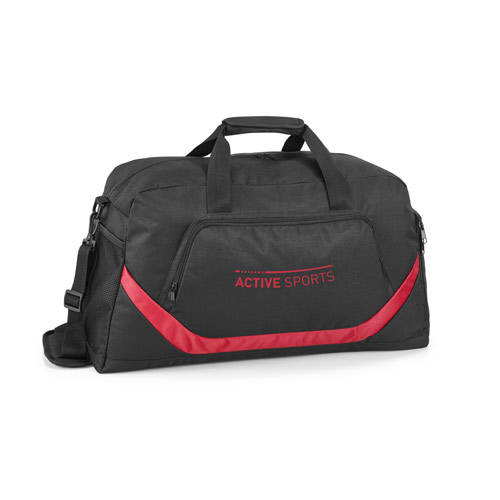 Bolsa de deporte negra con detalles rojos y el logo ACTIVE SPORTS delantero