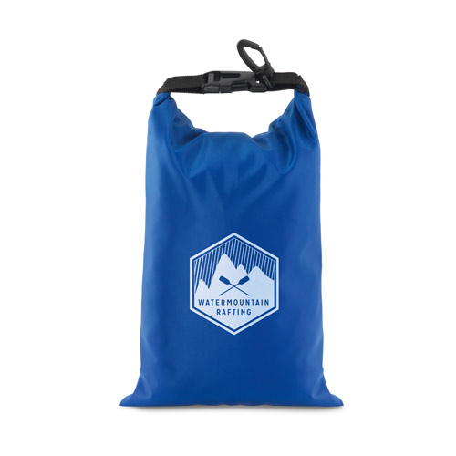 bolsa estanca azul con cierre roll-top y clip, con logotipo de WaterMountain Rafting