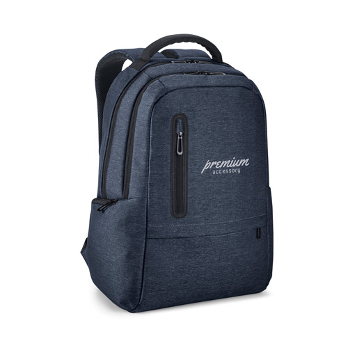 Mochila azul marino con varios compartimentos y logo premium accessory diseñada para uso diario.
