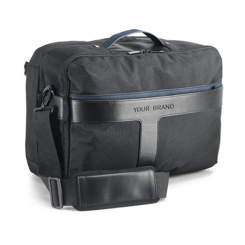 Maletín negro de tejido resistente con asa, correa ajustable y franja frontal con el texto Your Brand.