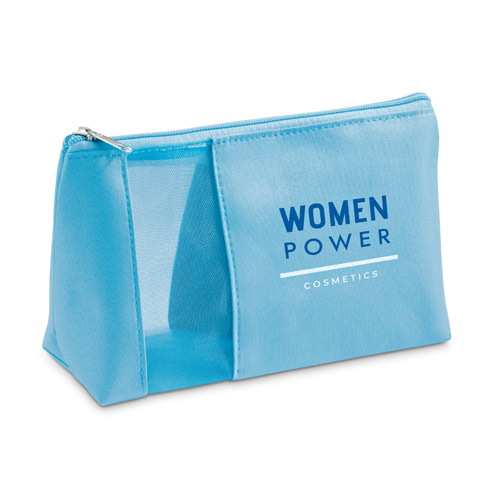 Estuche de cosméticos azul con cremallera y logo Women Power Cosmetics