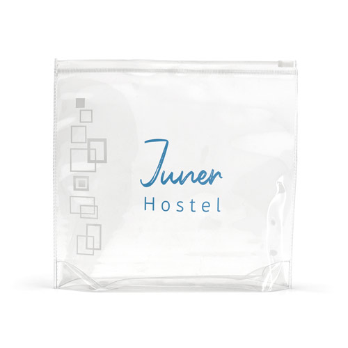 neceser transparente con cremallera y logotipo de Juner Hostel