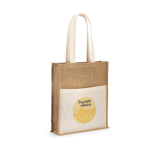 Bolsa de yute con asas largas y bolsillo delantero estampado con el logo Vegetable Addicts
