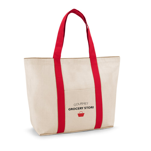 Bolsa de tela beige con asas rojas y logotipo Gourmet Grocery Store