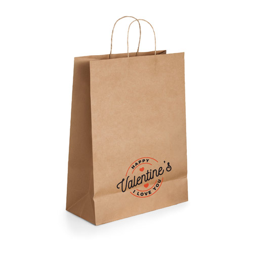 Bolsa de papel kraft con asas y sello Happy Valentine’s I love you en uno de sus lados.