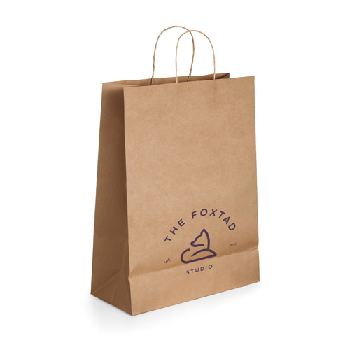 Bolsa de papel kraft con asas de cuerda y logotipo de The Foxtad Studio.