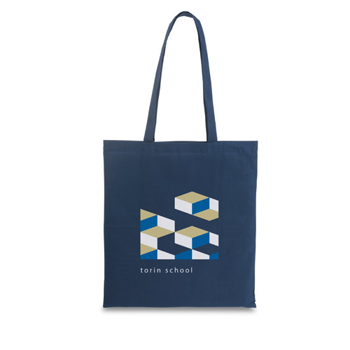 Bolsa de tela azul marino con logotipo geométrico en tonos beige, blanco y azul y el texto torin school en la parte frontal.