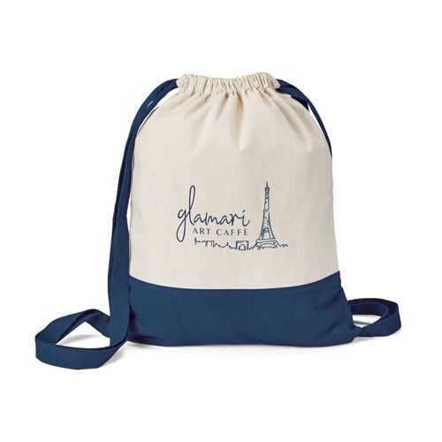 Mochila saco blanca y azul con logo Glamari Art Caffè y dibujo de la Torre Eiffel