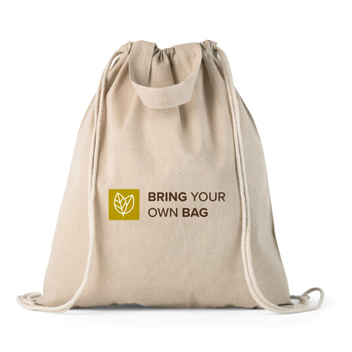 mochila de algodón con cordones y el mensaje Bring Your Own Bag junto a un icono de hoja