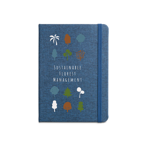 Cuaderno azul con siluetas de árboles y texto en inglés Sustainable Forest Management