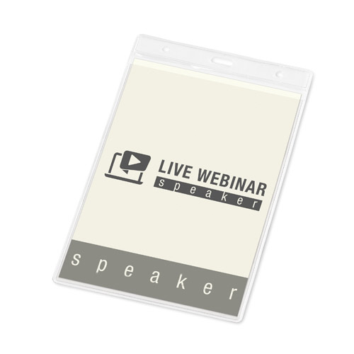 Gafete transparente con la inscripción Live Webinar Speaker y un icono de reproducción.