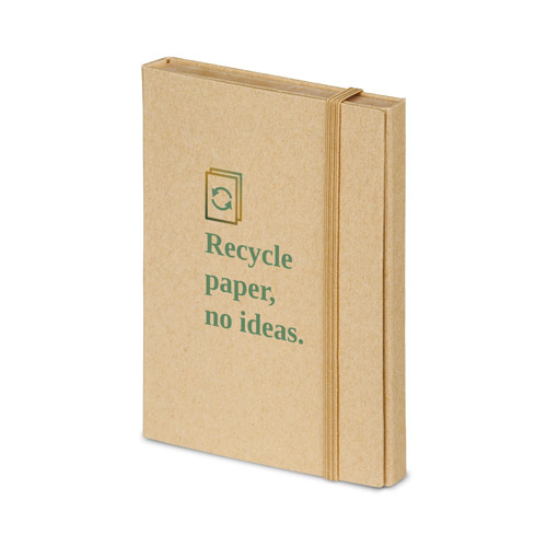 Cuaderno de tapa de papel reciclado con la frase Recycle paper, no ideas impresa en verde.
