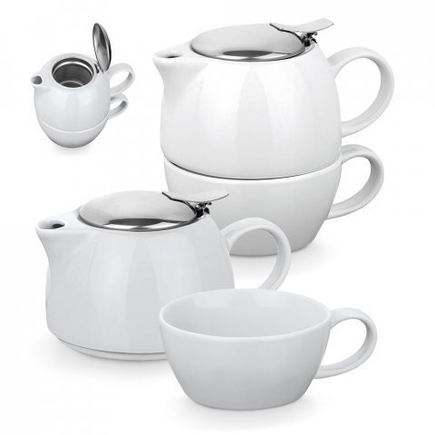 Conjunto de cerámica blanca con tetera, infusor y taza apilables.