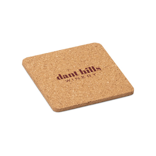 Posavasos de corcho cuadrado con el logo dant hills winery impresо en marrón