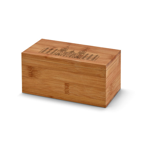 Caja de bambú rectangular con grabado de un skyline urbano en la tapa.