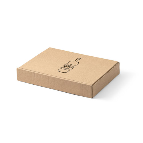 Caja de cartón con logotipo de brocha y texto Super Packing sobre fondo blanco.