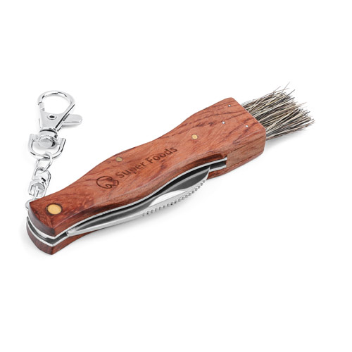 Navaja para setas con mango de madera, cuchilla plegable, cepillo de cerdas y mosquetón de llavero