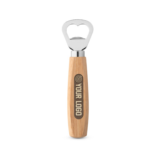 abrebotellas de metal con mango de madera grabado con el texto Your Logo