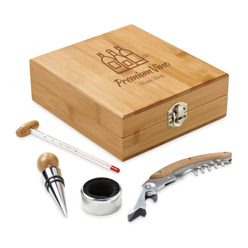 Estuche de madera con abrebotellas, termómetro, tapón y anilla antigoteo para vino
