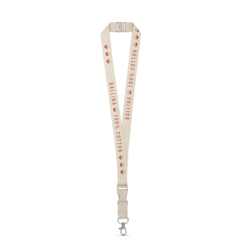 lanyard de algodón natural beige con clip metálico y texto Ballina 100 % Cotton