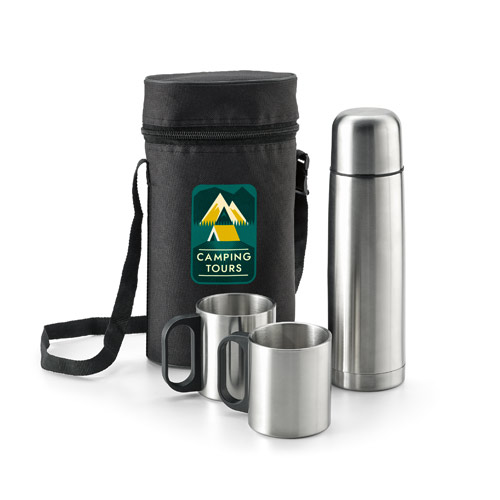 Termo de acero inoxidable con dos tazas y funda de transporte con logo Camping Tours